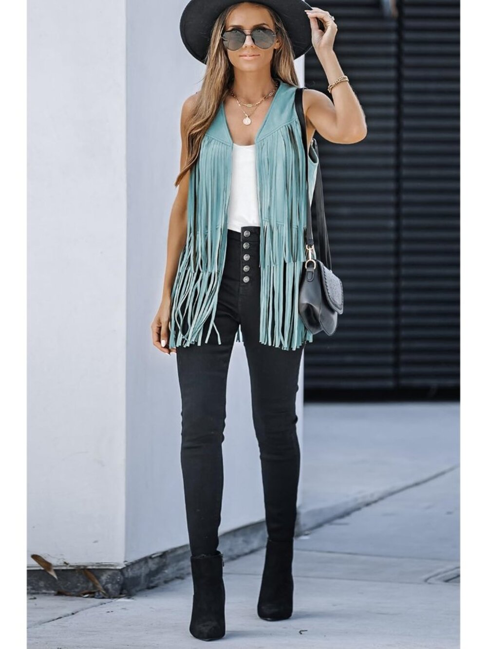 Women's Blue Fringe Vest 70s Hippie Costume Sleeveless Cowgirl Western Outfits - Picture 4 of 6